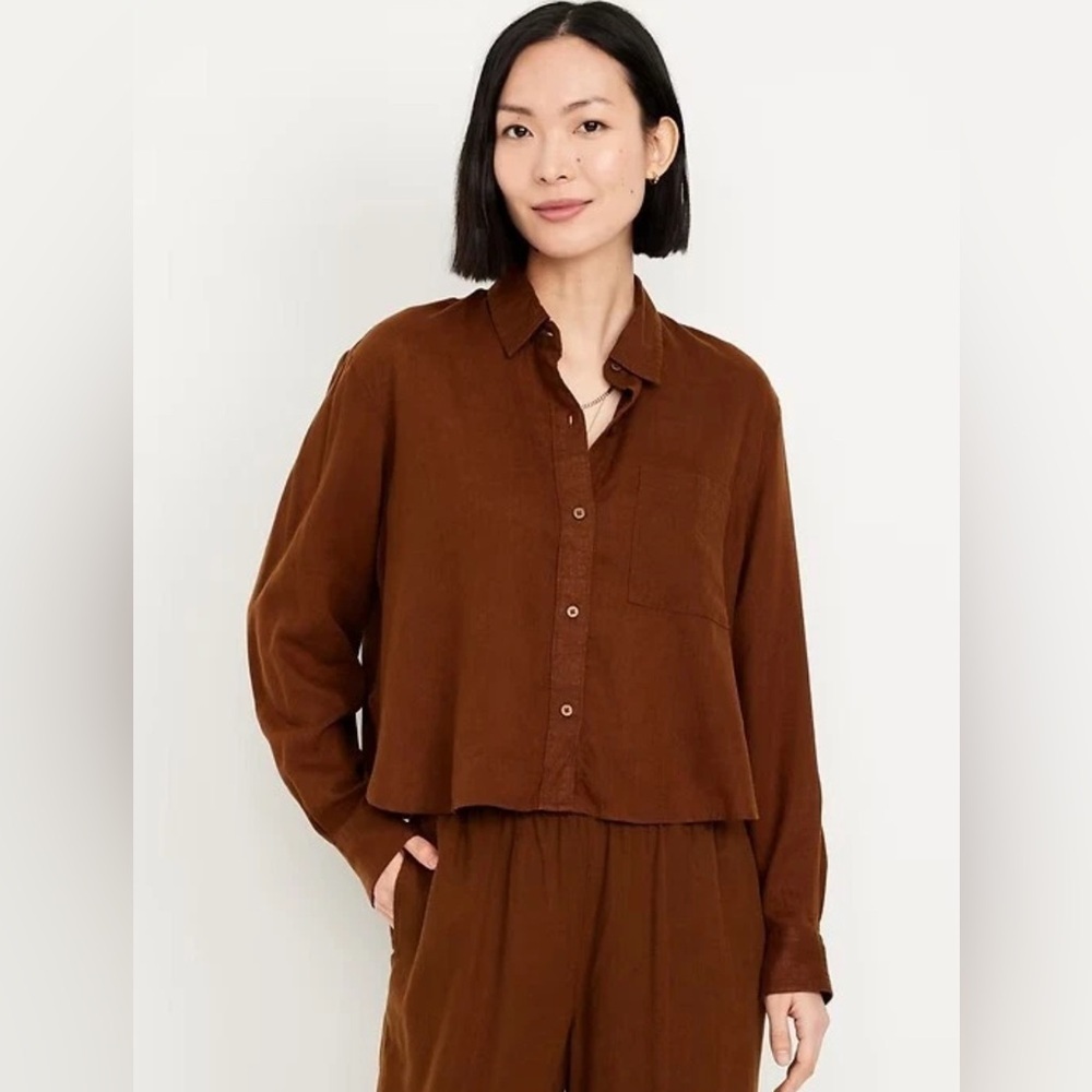 Old Navy The Cropped Shirt Linen-Blend Chocolate Brown Color, Size M - Picture 2 of 14